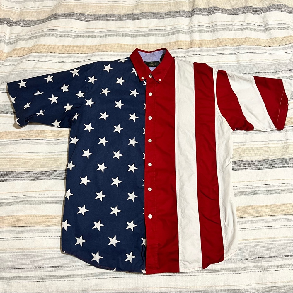 Patriotic American Flag shirt short sleeve button down Sz L July 4th BBQ Summer